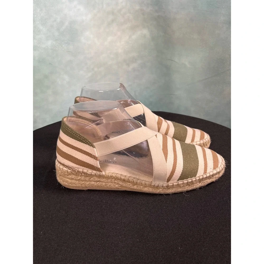 2Espadrilles‎ Women Striped Canvas Elastic Strap Espadrille Flats Olive Tan 39
